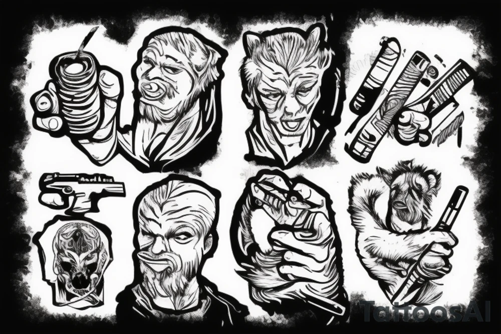 honey badger holding his hands above his head, smoking a cigarette and holding guns in his hands. tattoo idea