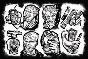 honey badger holding his hands above his head, smoking a cigarette and holding guns in his hands. tattoo idea