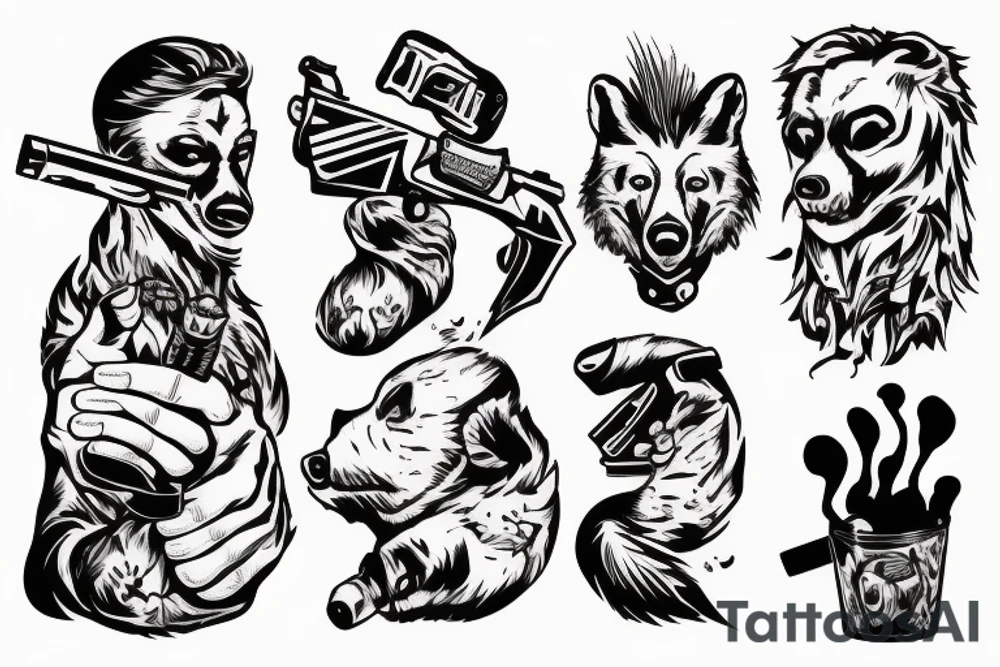 honey badger holding his hands above his head, smoking a cigarette and holding guns in his hands. tattoo idea