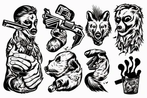 honey badger holding his hands above his head, smoking a cigarette and holding guns in his hands. tattoo idea