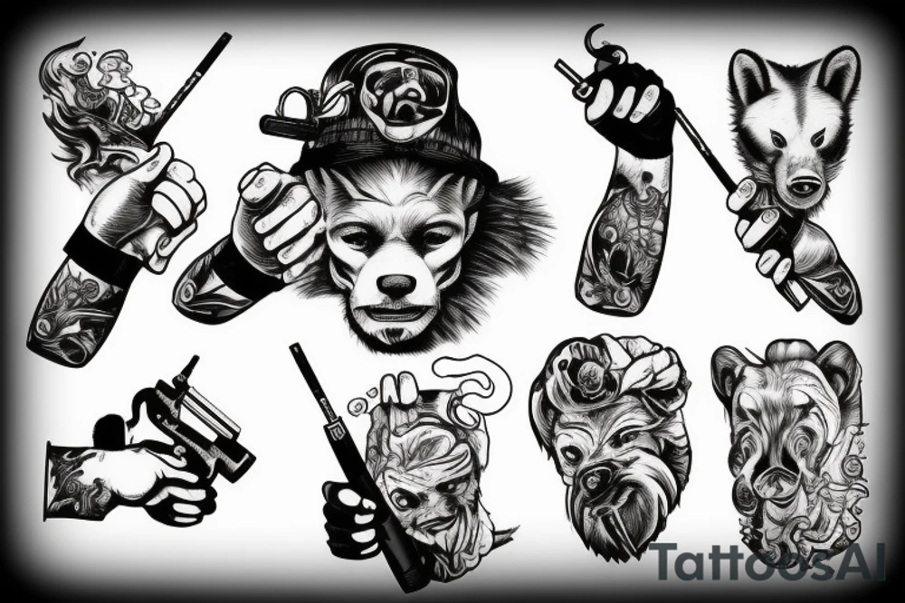 honey badger holding his hands above his head, smoking a cigarette and holding guns in his hands. tattoo idea