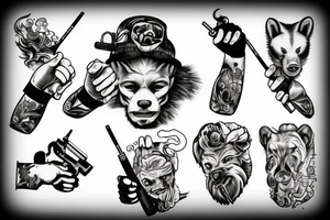 honey badger holding his hands above his head, smoking a cigarette and holding guns in his hands. tattoo idea