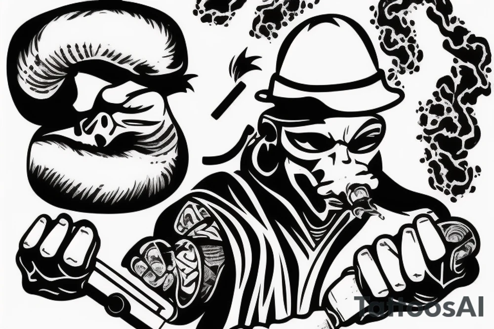 honey badger holding his hands above his head, smoking a cigarette and holding guns in his hands. tattoo idea