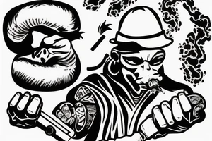 honey badger holding his hands above his head, smoking a cigarette and holding guns in his hands. tattoo idea