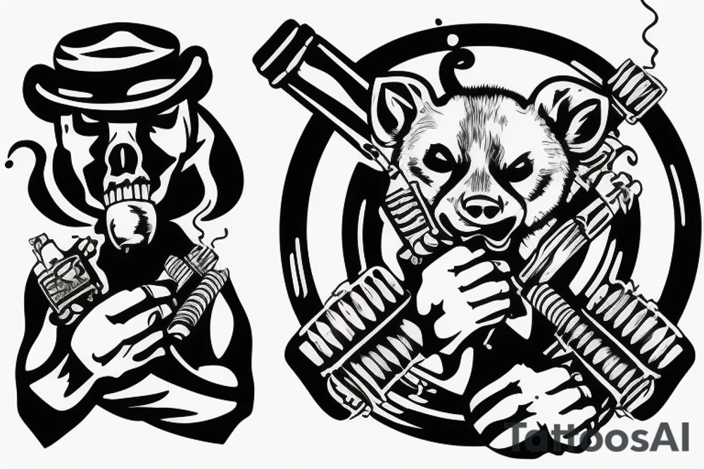 honey badger holding his hands above his head, smoking a cigarette and holding guns in his hands. tattoo idea