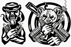 honey badger holding his hands above his head, smoking a cigarette and holding guns in his hands. tattoo idea