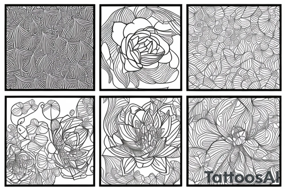 A single line delicate tattoo with a lotus/peony/phoenix with elements of fine lines and dots & circles behind it tattoo idea