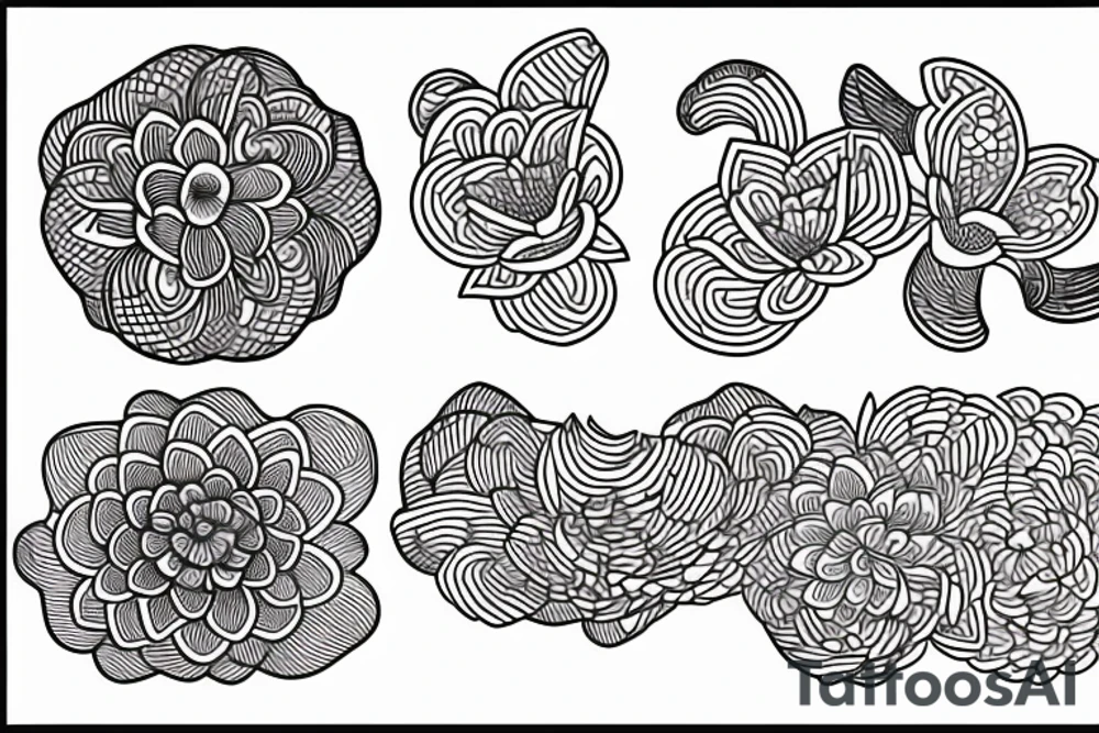 A single line delicate tattoo with a lotus/peony/phoenix with elements of fine lines and dots & circles behind it tattoo idea