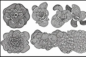 A single line delicate tattoo with a lotus/peony/phoenix with elements of fine lines and dots & circles behind it tattoo idea