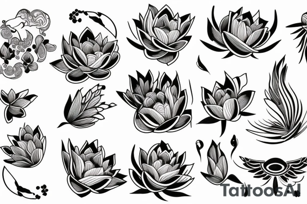 A single line delicate tattoo with a lotus/peony/phoenix with elements of fine lines and dots & circles behind it tattoo idea