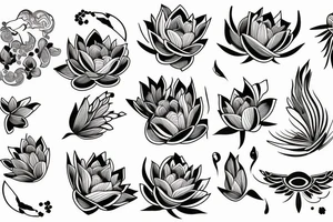 A single line delicate tattoo with a lotus/peony/phoenix with elements of fine lines and dots & circles behind it tattoo idea