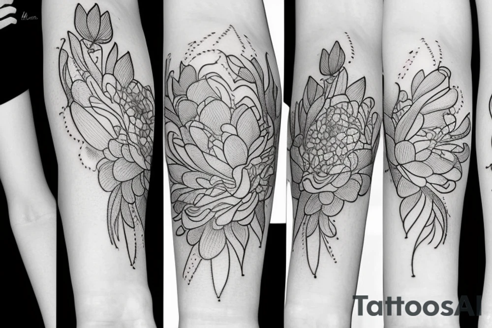 A single line delicate tattoo with a lotus/peony/phoenix with elements of fine lines and dots & circles behind it tattoo idea