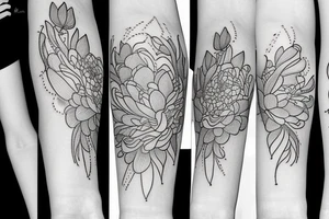 A single line delicate tattoo with a lotus/peony/phoenix with elements of fine lines and dots & circles behind it tattoo idea