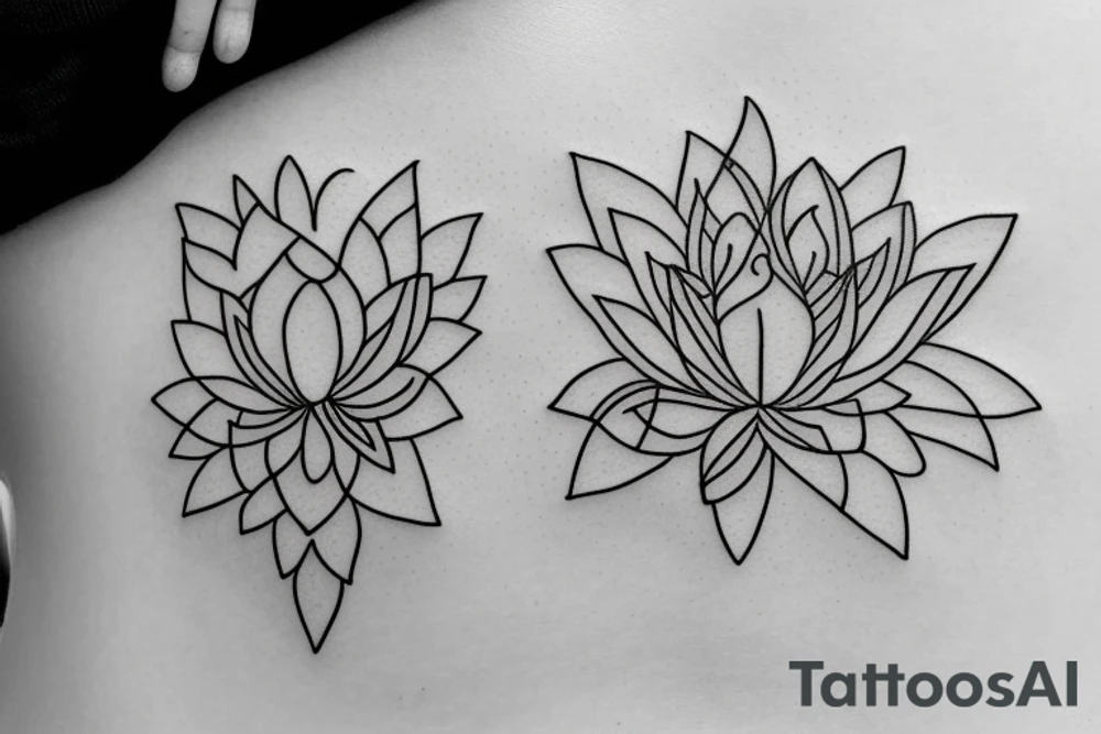 A single line delicate tattoo with a lotus with elements of fine lines and dots & circles behind it tattoo idea