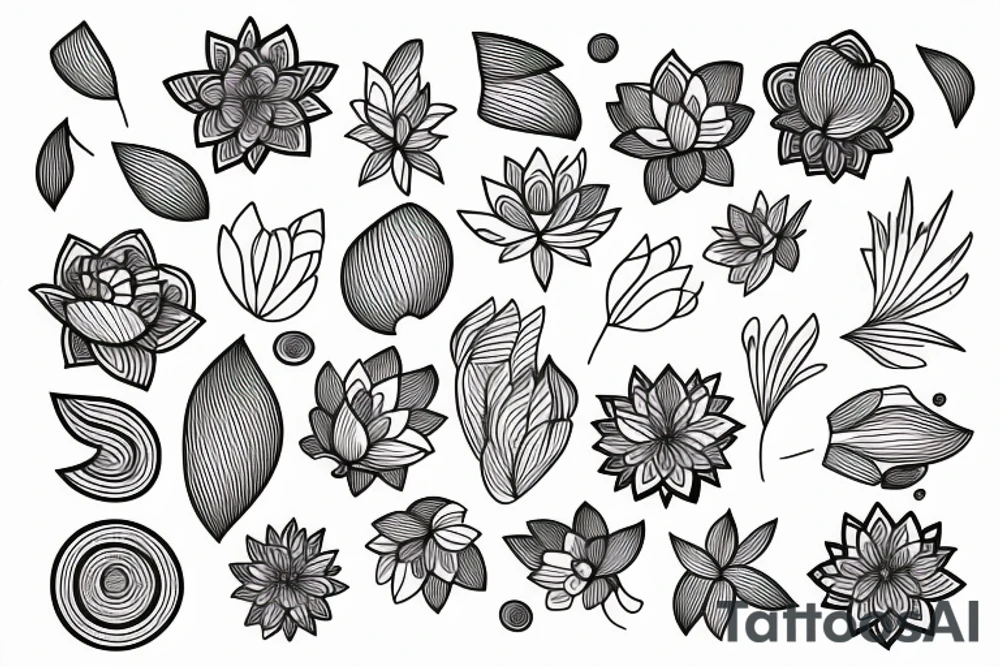 A single line delicate tattoo with a lotus with elements of fine lines and dots & circles behind it tattoo idea