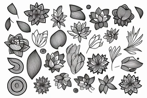 A single line delicate tattoo with a lotus with elements of fine lines and dots & circles behind it tattoo idea