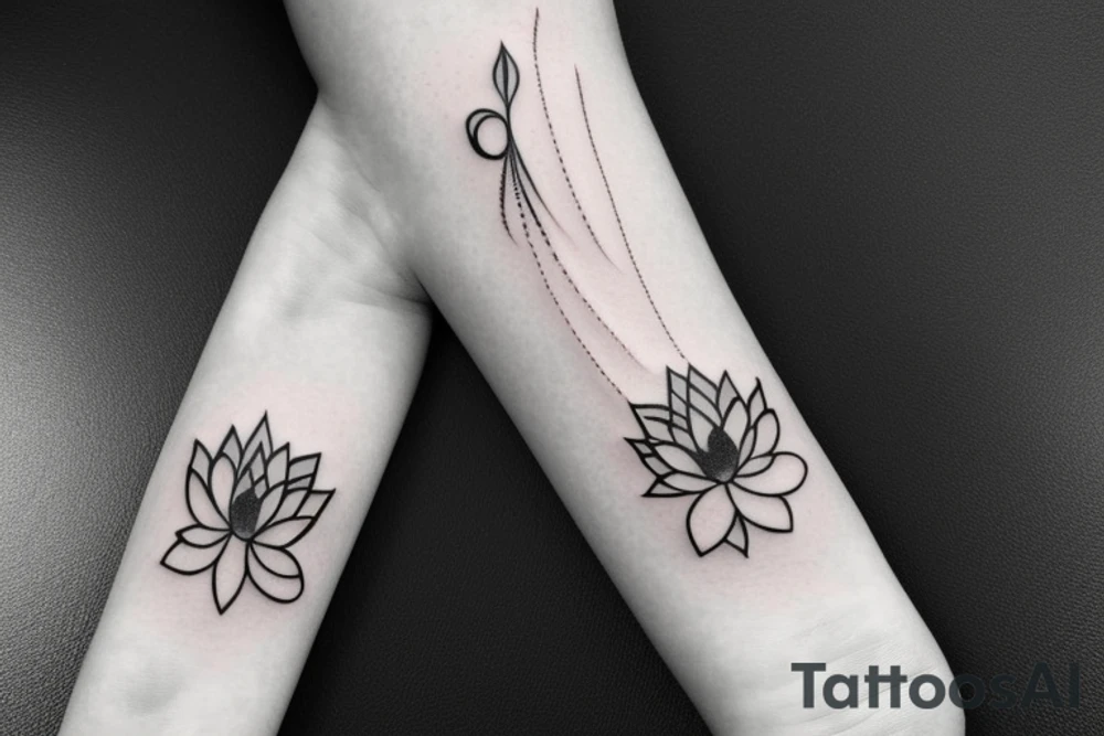 A single very thin line delicate tattoo with a lotus with elements of fine lines and dots & circles behind it tattoo idea