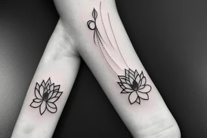 A single very thin line delicate tattoo with a lotus with elements of fine lines and dots & circles behind it tattoo idea