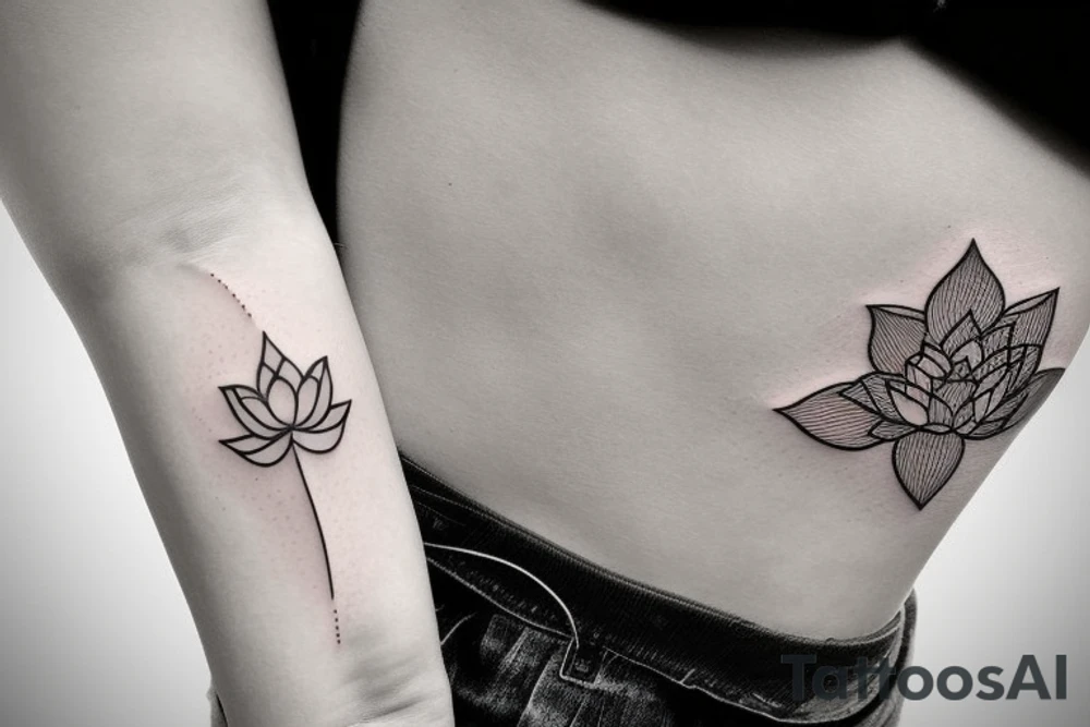 A single very thin line delicate tattoo with a lotus with elements of fine lines and dots & circles behind it tattoo idea