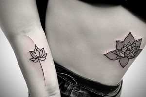 A single very thin line delicate tattoo with a lotus with elements of fine lines and dots & circles behind it tattoo idea