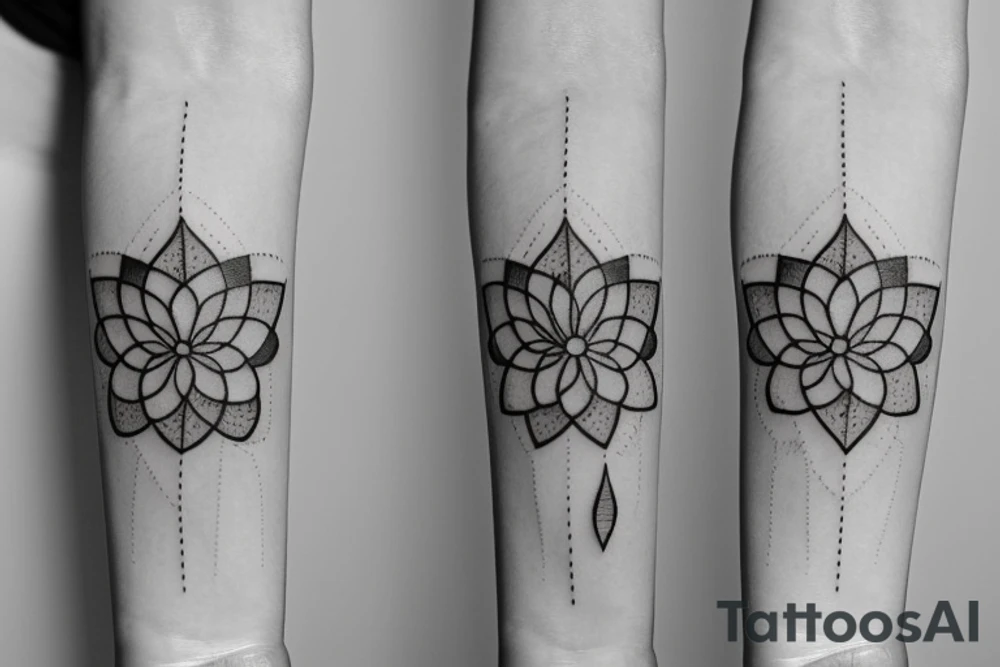 A single very thin line delicate tattoo with a lotus with elements of fine lines and dots & circles behind it. Incorporate more lines and dots tattoo idea