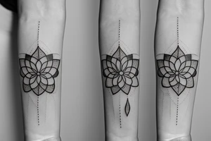 A single very thin line delicate tattoo with a lotus with elements of fine lines and dots & circles behind it. Incorporate more lines and dots tattoo idea