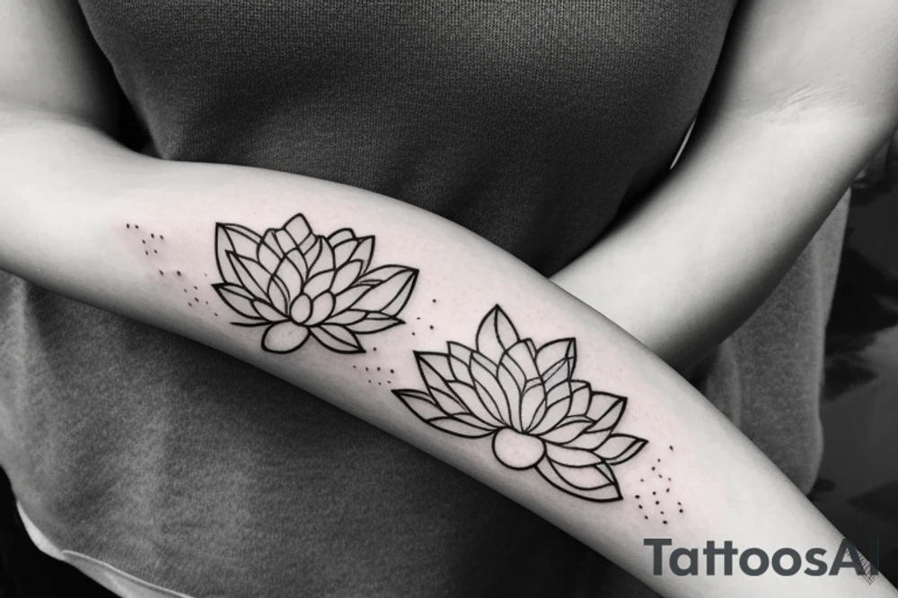 A single very thin line delicate tattoo with a lotus with elements of fine lines and dots & circles behind it. Incorporate more lines and dots tattoo idea