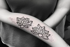 A single very thin line delicate tattoo with a lotus with elements of fine lines and dots & circles behind it. Incorporate more lines and dots tattoo idea
