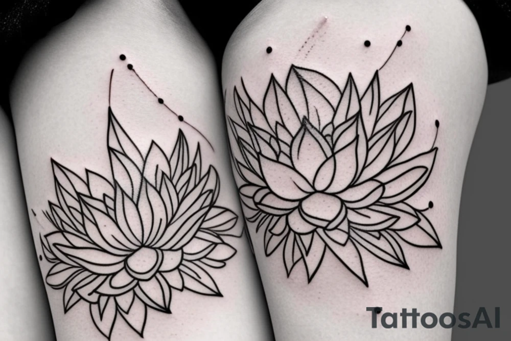 A single very thin line delicate tattoo with a lotus with elements of fine lines and dots & circles behind it. Incorporate more lines and dots tattoo idea