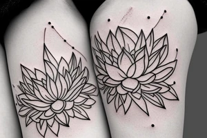A single very thin line delicate tattoo with a lotus with elements of fine lines and dots & circles behind it. Incorporate more lines and dots tattoo idea
