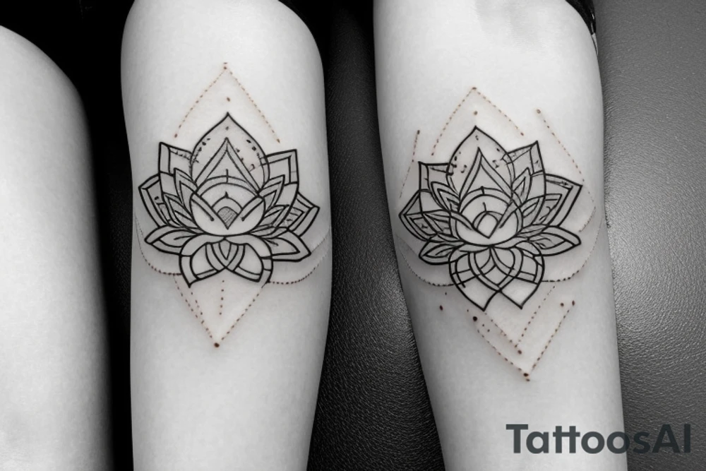 A single very thin line delicate tattoo with a lotus with elements of fine lines and dots & circles behind it. Incorporate more lines and dots include shading tattoo idea