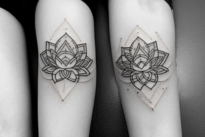 A single very thin line delicate tattoo with a lotus with elements of fine lines and dots & circles behind it. Incorporate more lines and dots include shading tattoo idea