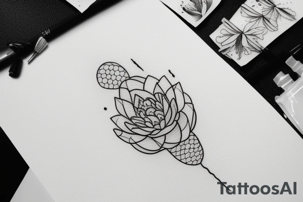 A single very thin line delicate tattoo with a lotus with elements of fine lines and dots & circles behind it. Incorporate more lines and dots include shading tattoo idea