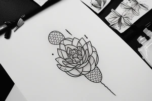 A single very thin line delicate tattoo with a lotus with elements of fine lines and dots & circles behind it. Incorporate more lines and dots include shading tattoo idea