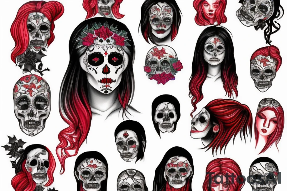 santa muerte girl face with red haire tattoo idea