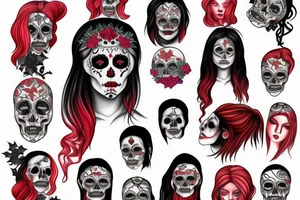 santa muerte girl face with red haire tattoo idea