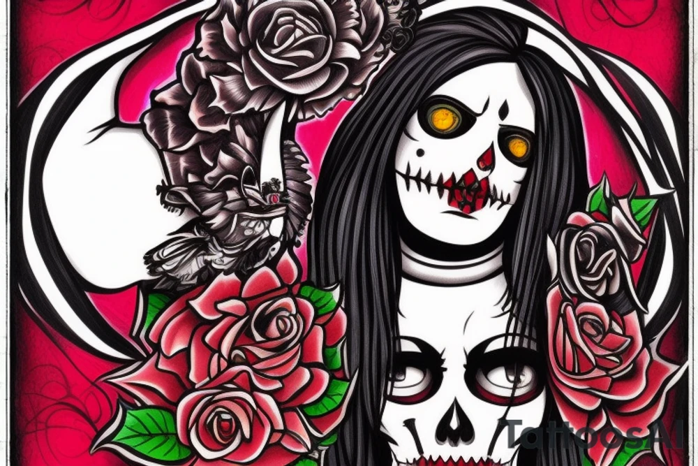 santa muerte girl face with red haire tattoo idea
