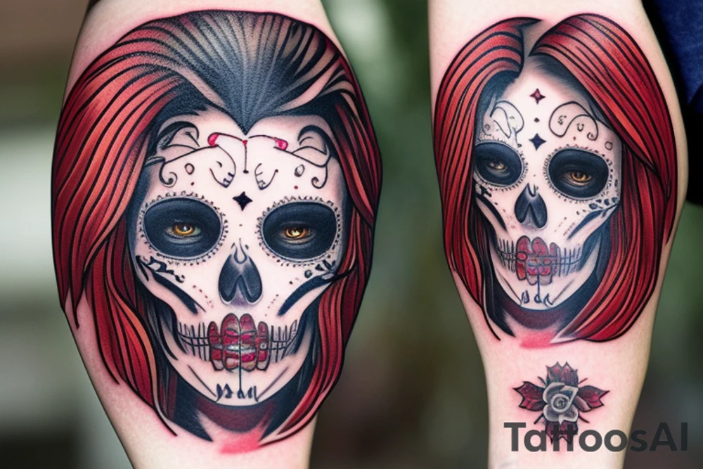 santa muerte girl face with red haire tattoo idea