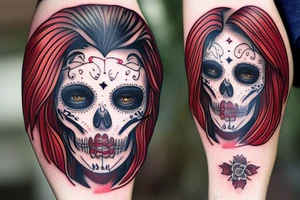 santa muerte girl face with red haire tattoo idea
