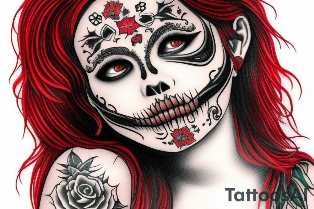 santa muerte girl face with red haire tattoo idea