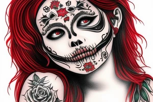 santa muerte girl face with red haire tattoo idea