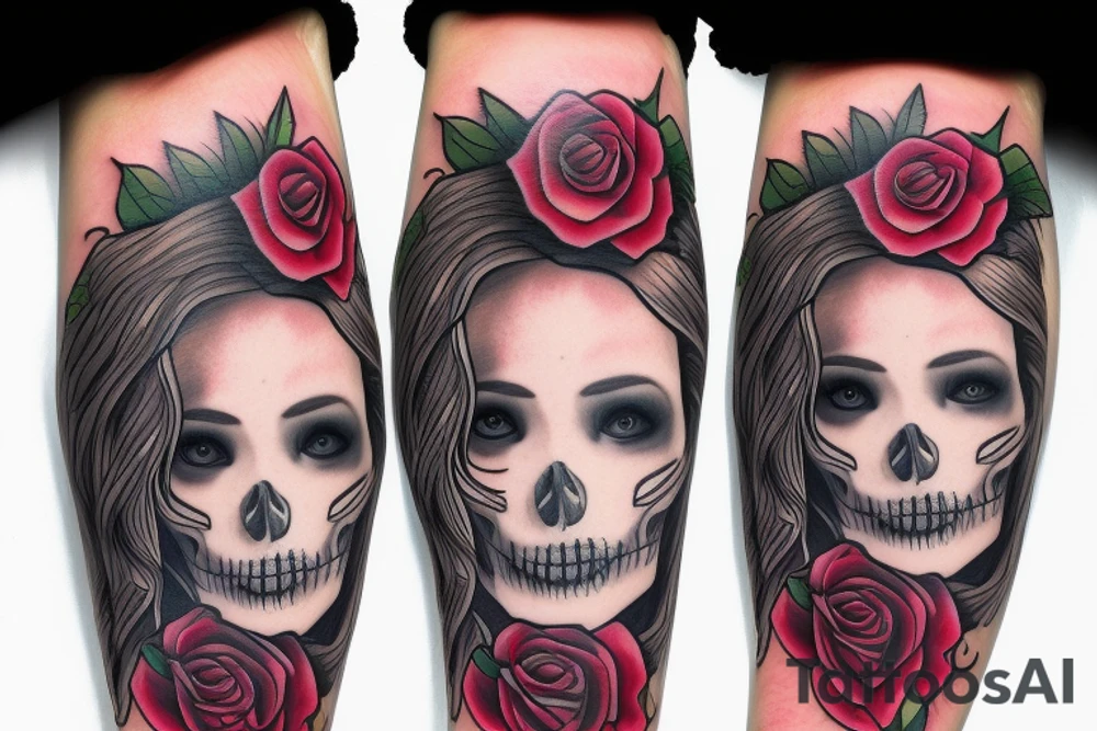 santa muerte girl face with blonde haire? rose on forearm tattoo idea