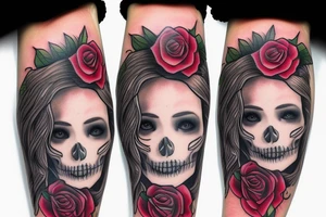 santa muerte girl face with blonde haire? rose on forearm tattoo idea