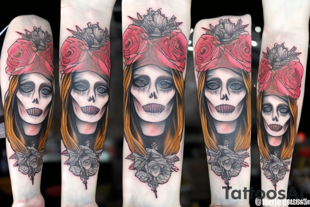santa muerte girl face with blonde haire? rose on forearm tattoo idea