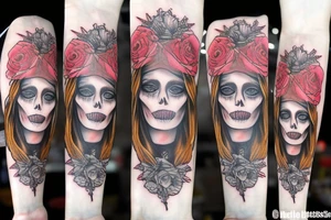 santa muerte girl face with blonde haire? rose on forearm tattoo idea