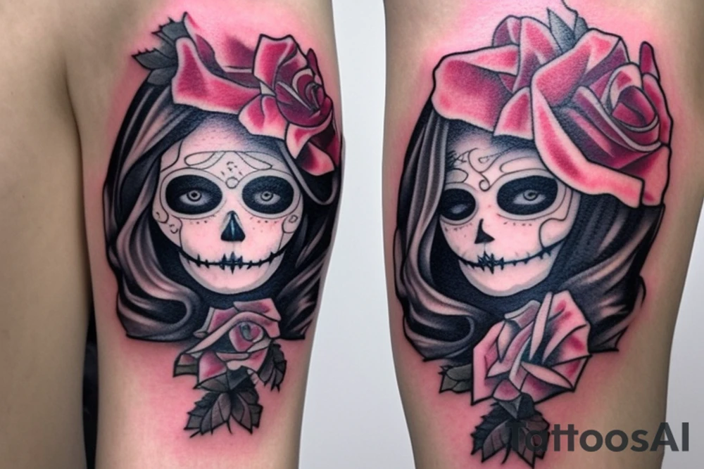 santa muerte beautiful girl face with blonde haire? rose on forearm tattoo idea