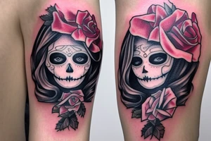 santa muerte beautiful girl face with blonde haire? rose on forearm tattoo idea