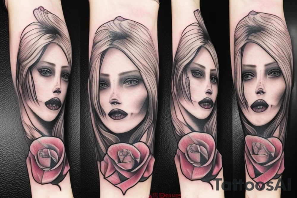 santa muerte beautiful girl face with blonde haire? rose on forearm tattoo idea