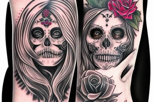 santa muerte beautiful girl face with blonde haire? rose on forearm and skuls full sleeve tattoo idea