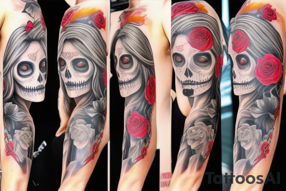 santa muerte beautiful girl face with blonde haire? rose on forearm and skuls full sleeve tattoo idea